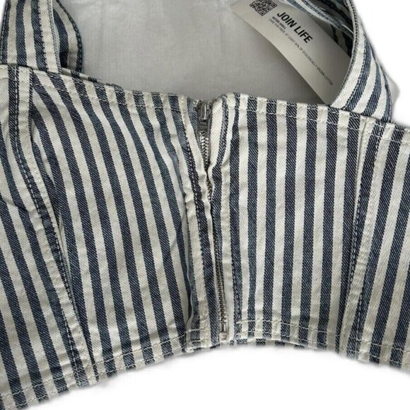 Zara Women's Denim Crop Top White Blue Striped Side Zip Bustier Tank Size Small - Picture 3 of 7